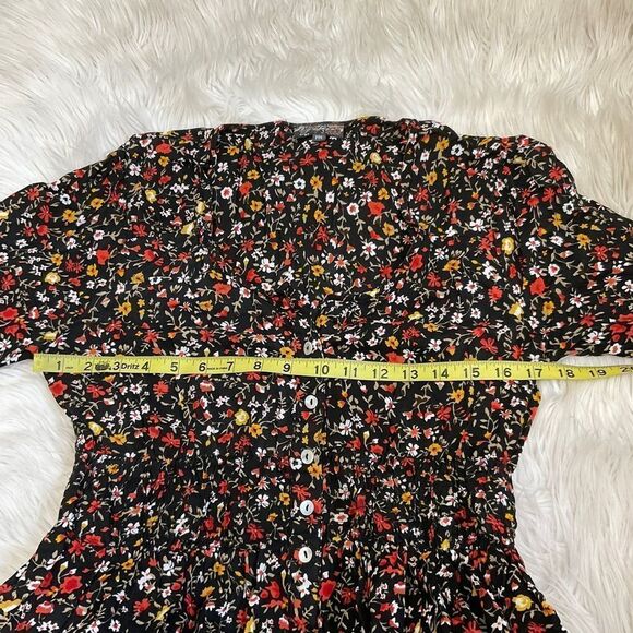 J Gee Black Red Ditsy Floral Button-Up 3/4 Sleeve Midi Boho Dress Medium Petite - Picture 9 of 12